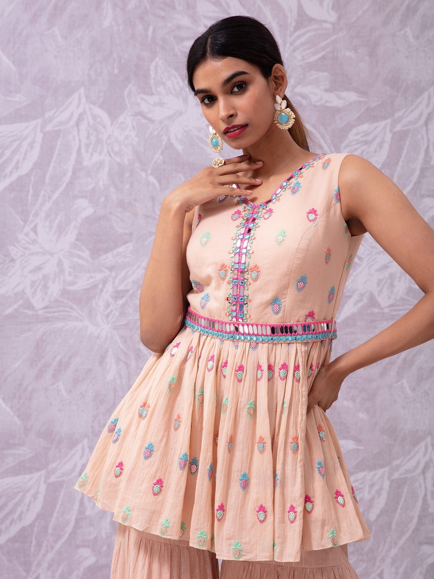 Likha Peach Hand Mirror Work Anarkali Kurta, Sharara, Dupatta & belt LIKSKD110 (Set of 4) - L