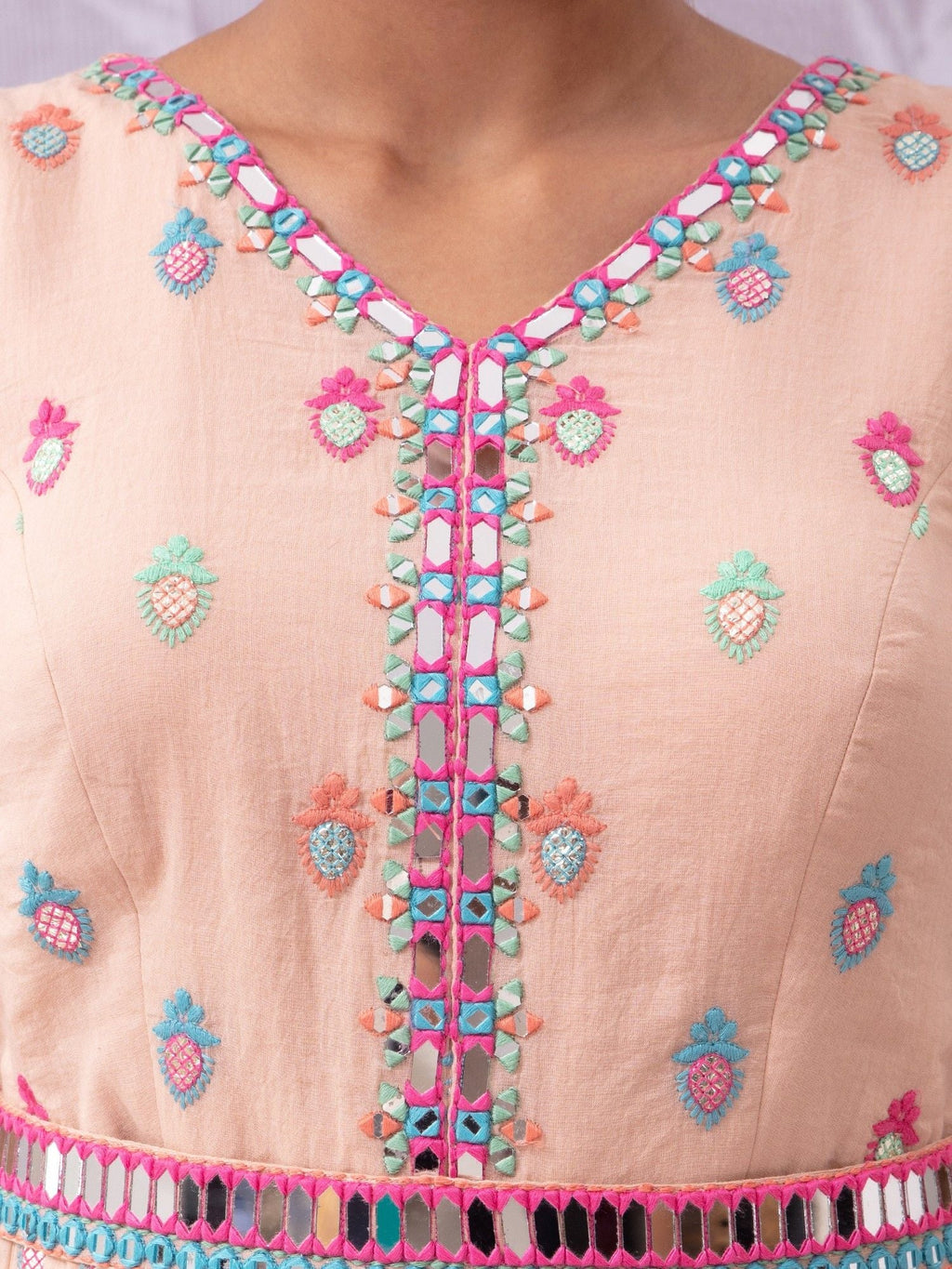 Likha Peach Hand Mirror Work Anarkali Kurta, Sharara, Dupatta & belt LIKSKD110 (Set of 4) - L