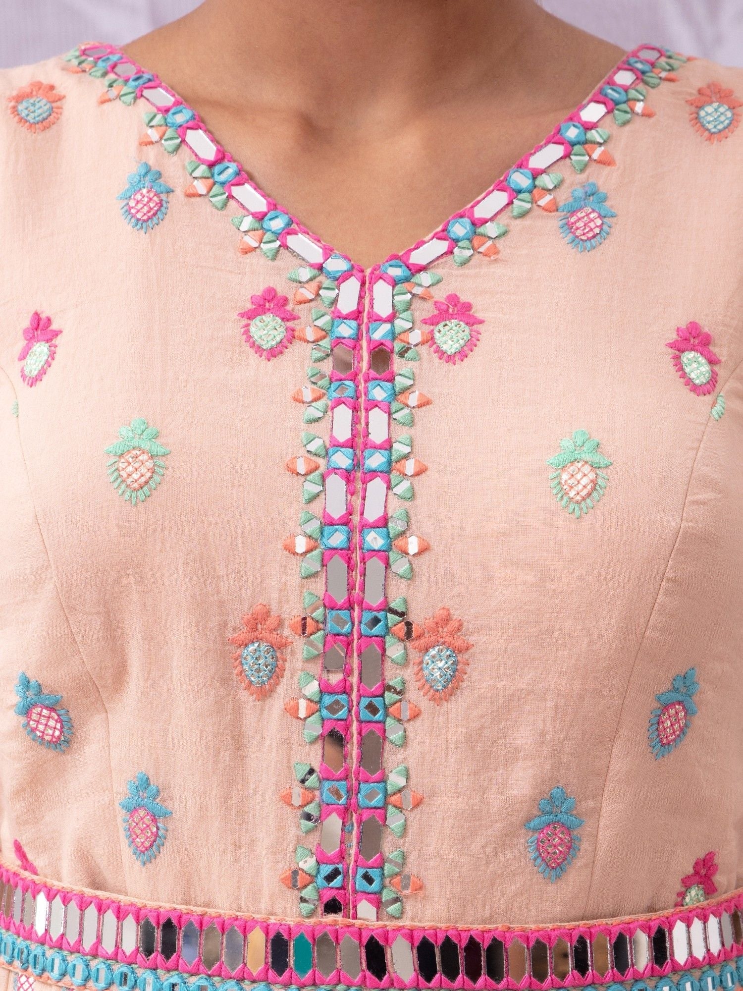 Likha Peach Hand Mirror Work Anarkali Kurta, Sharara, Dupatta & belt LIKSKD110 (Set of 4) - L