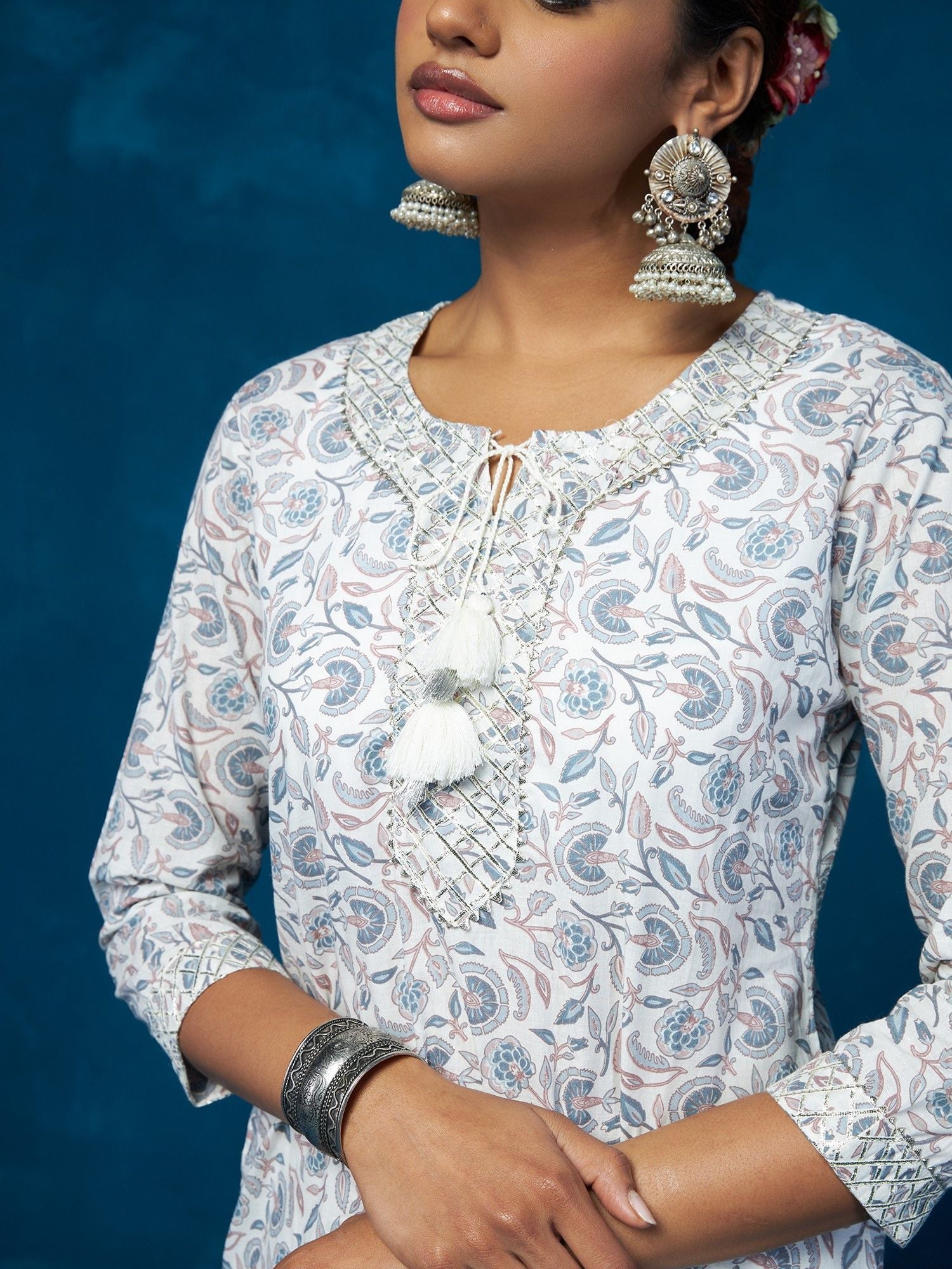 Likha White Floral Hand Block Printed Co-ord Set LIKSKD71 (Set of 2) - M