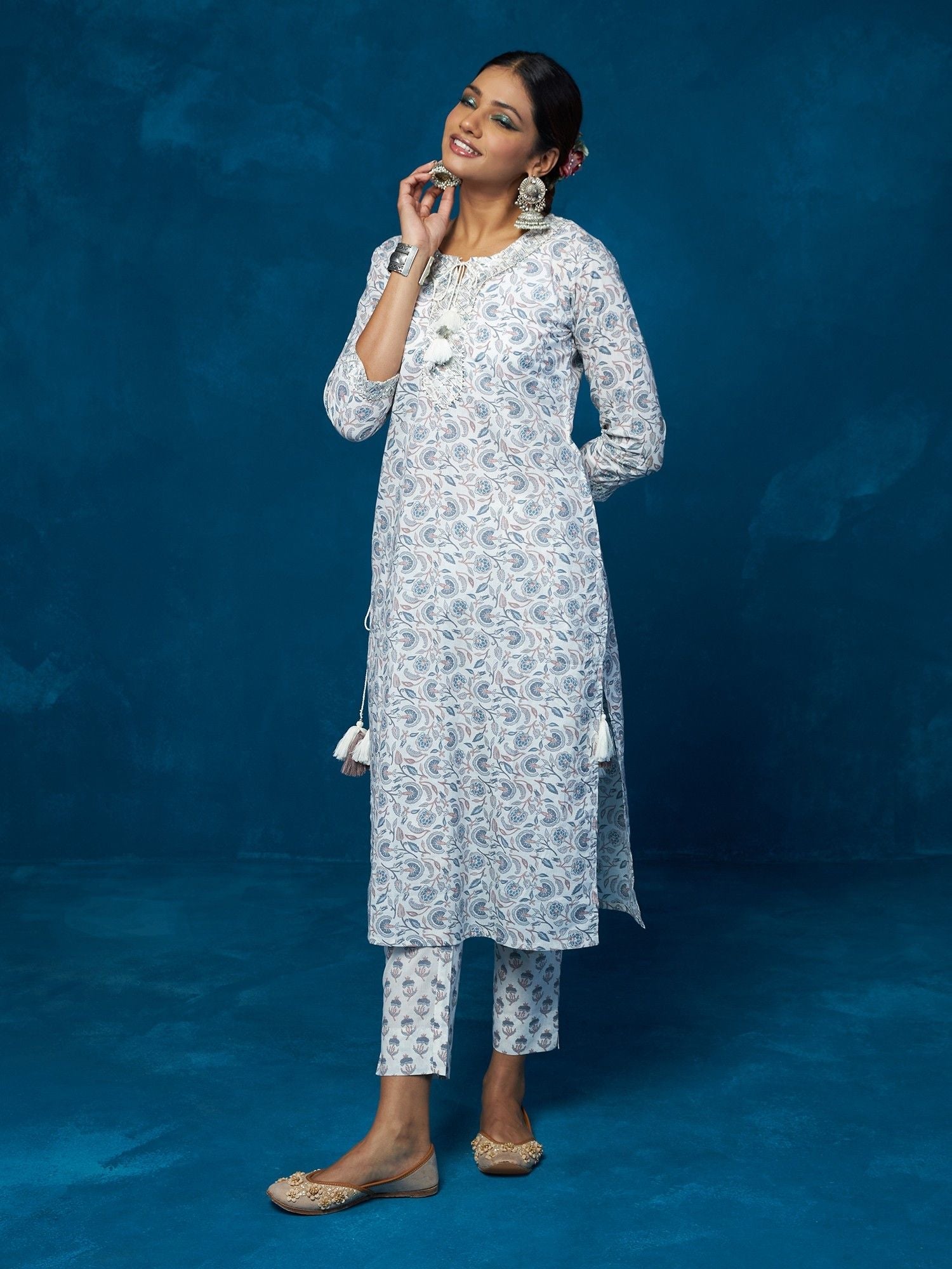 Likha White Floral Hand Block Printed Co-ord Set LIKSKD71 (Set of 2) - M