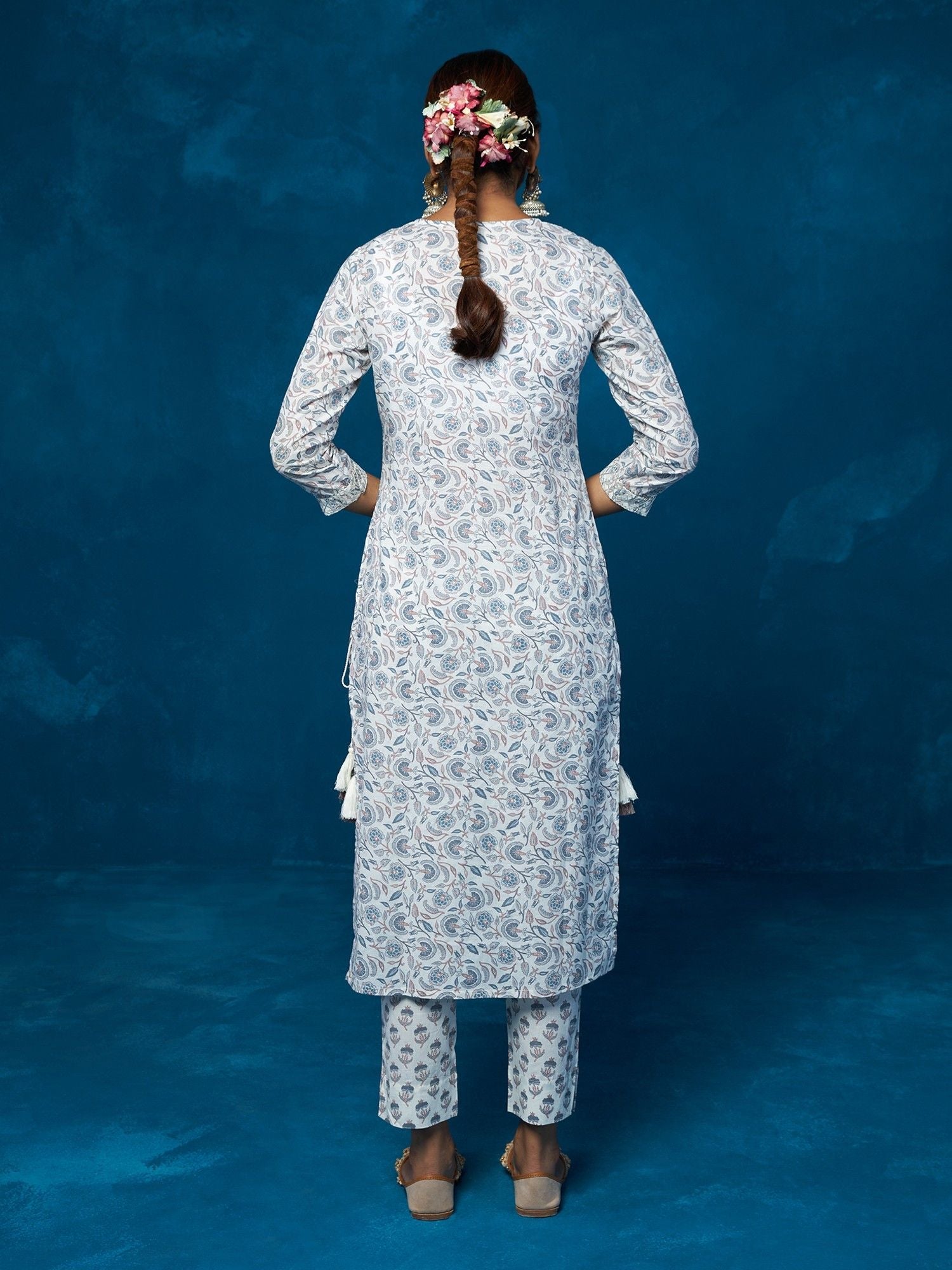 Likha White Floral Hand Block Printed Co-ord Set LIKSKD71 (Set of 2) - M