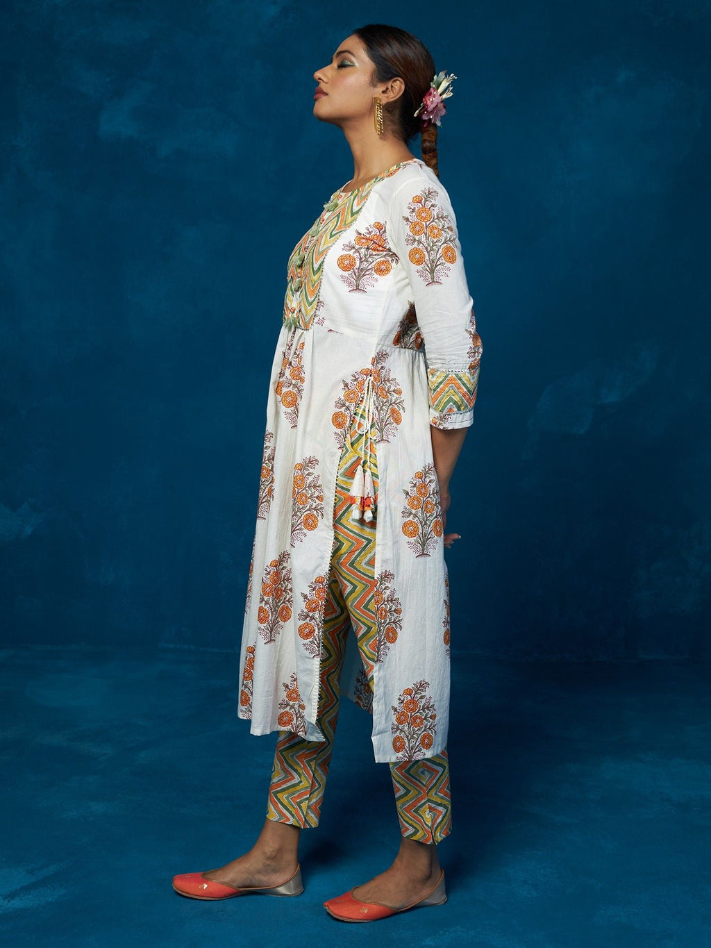Likha White Floral Hand Block Printed Kurta, Pant & Dupatta LIKSKD89 (Set of 3)