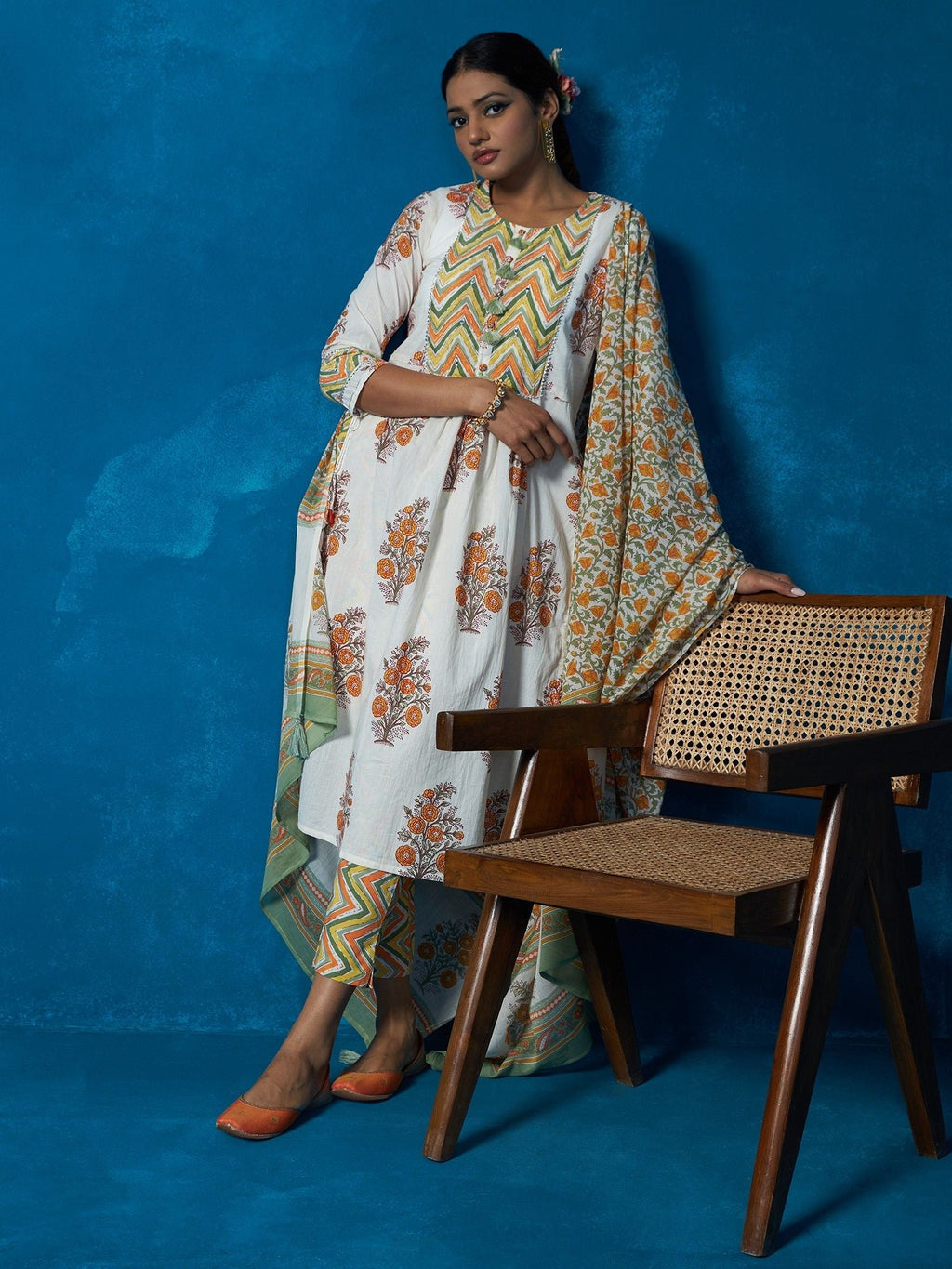 Likha White Floral Hand Block Printed Kurta, Pant & Dupatta LIKSKD89 (Set of 3)