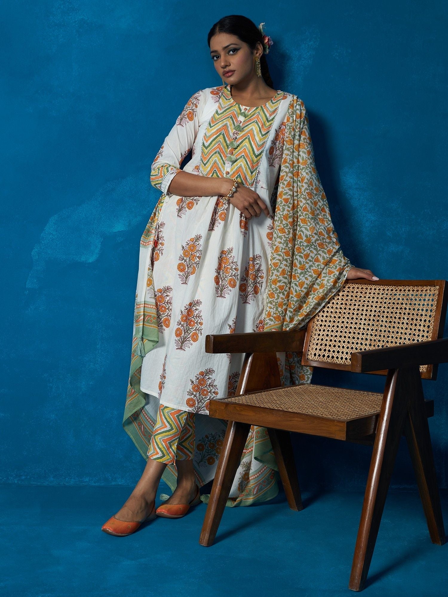 Likha White Floral Hand Block Printed Kurta, Pant & Dupatta LIKSKD89 (Set of 3)