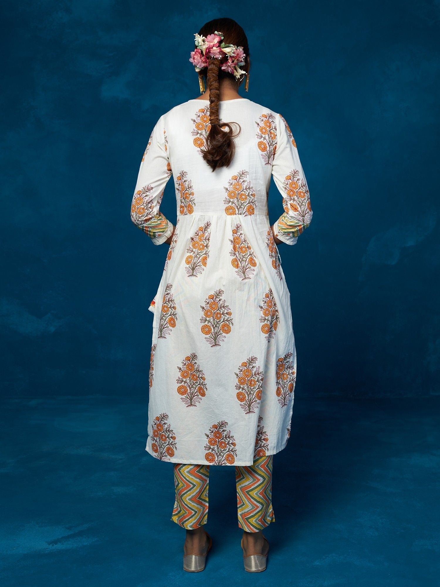 Likha White Floral Hand Block Printed Kurta, Pant & Dupatta LIKSKD89 (Set of 3)