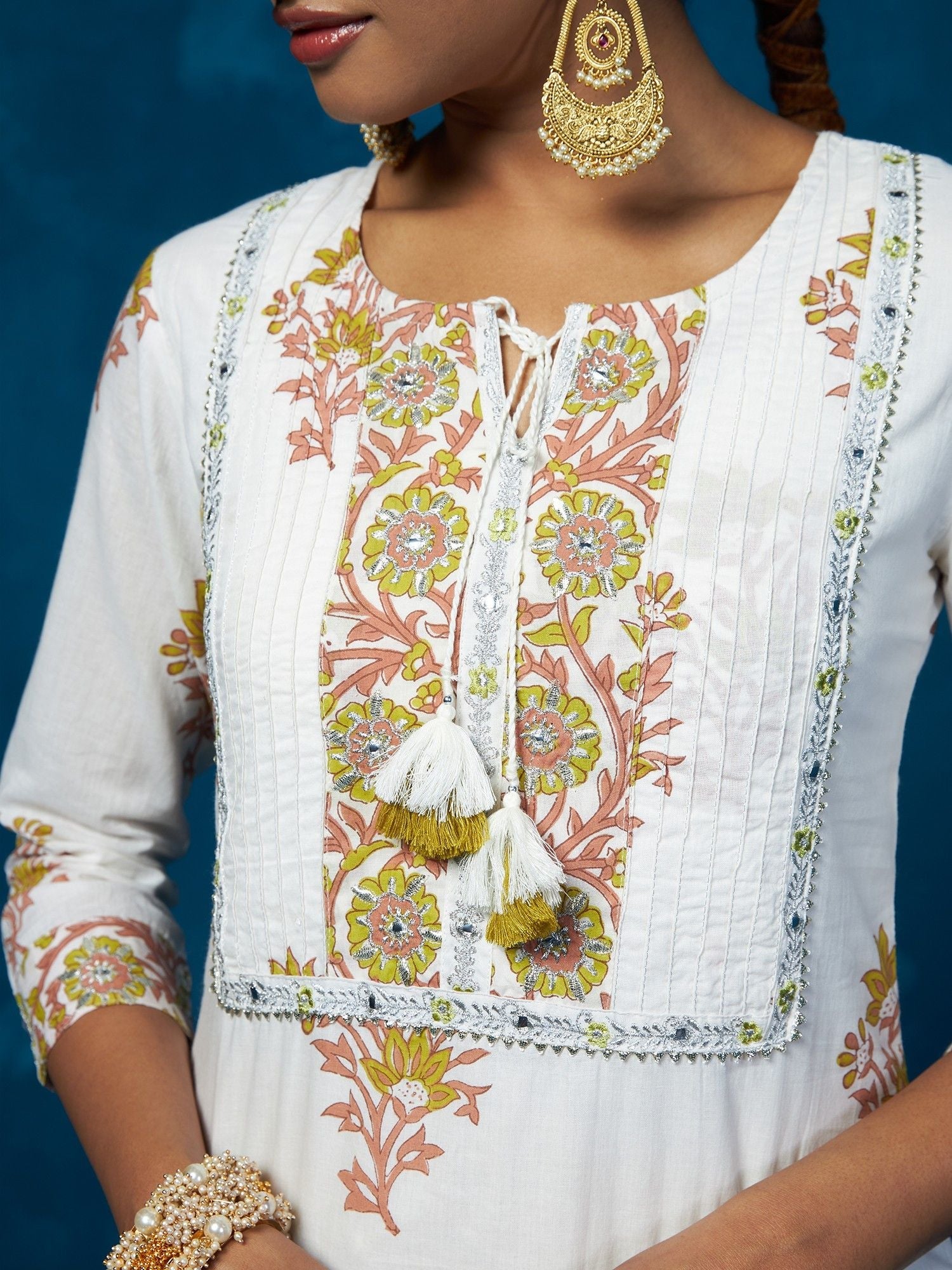 Likha White Block Printed & Mirror Work Kurta, Pant & Dupatta LIKSKD84 (Set of 3)
