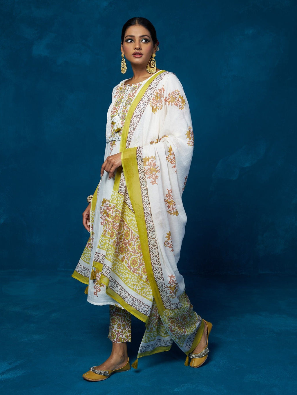 Likha White Block Printed & Mirror Work Kurta, Pant & Dupatta LIKSKD84 (Set of 3)