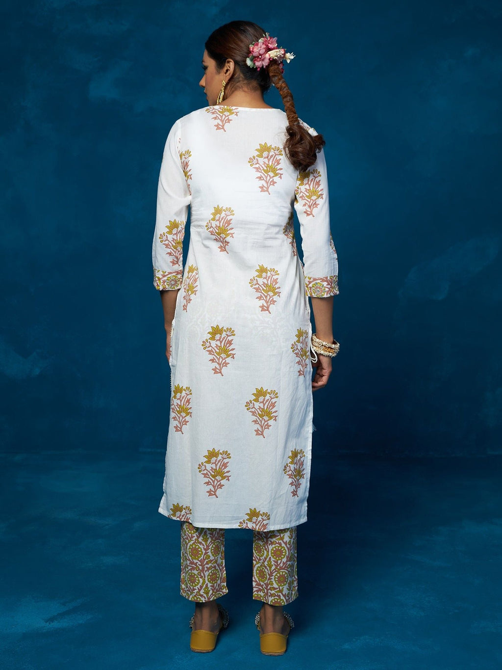 Likha White Block Printed & Mirror Work Kurta, Pant & Dupatta LIKSKD84 (Set of 3)