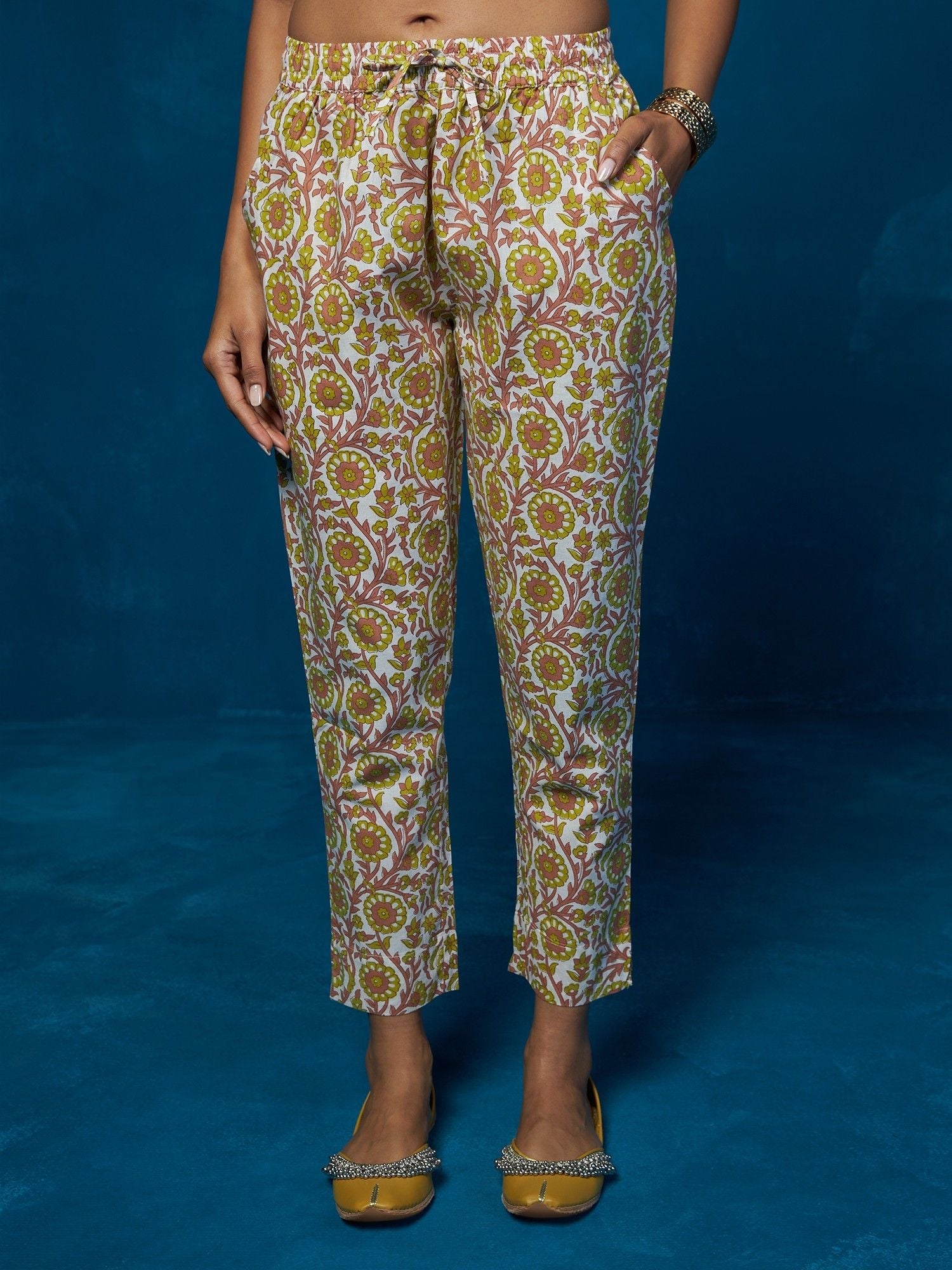 Likha White Block Printed & Mirror Work Kurta, Pant & Dupatta LIKSKD84 (Set of 3)
