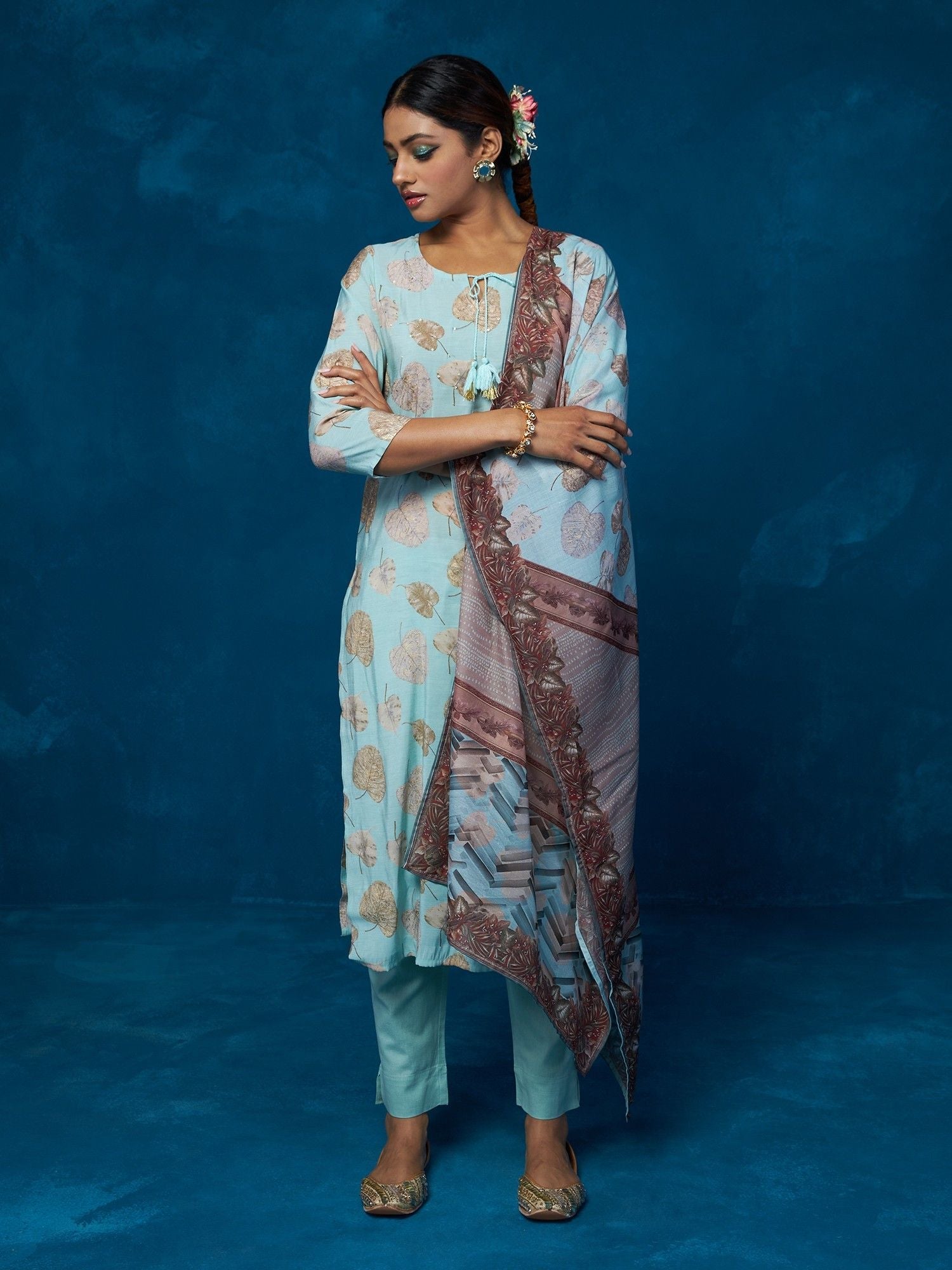 Likha Blue Printed Kurta, Pant & Dupatta LIKSKD210 (Set of 3)