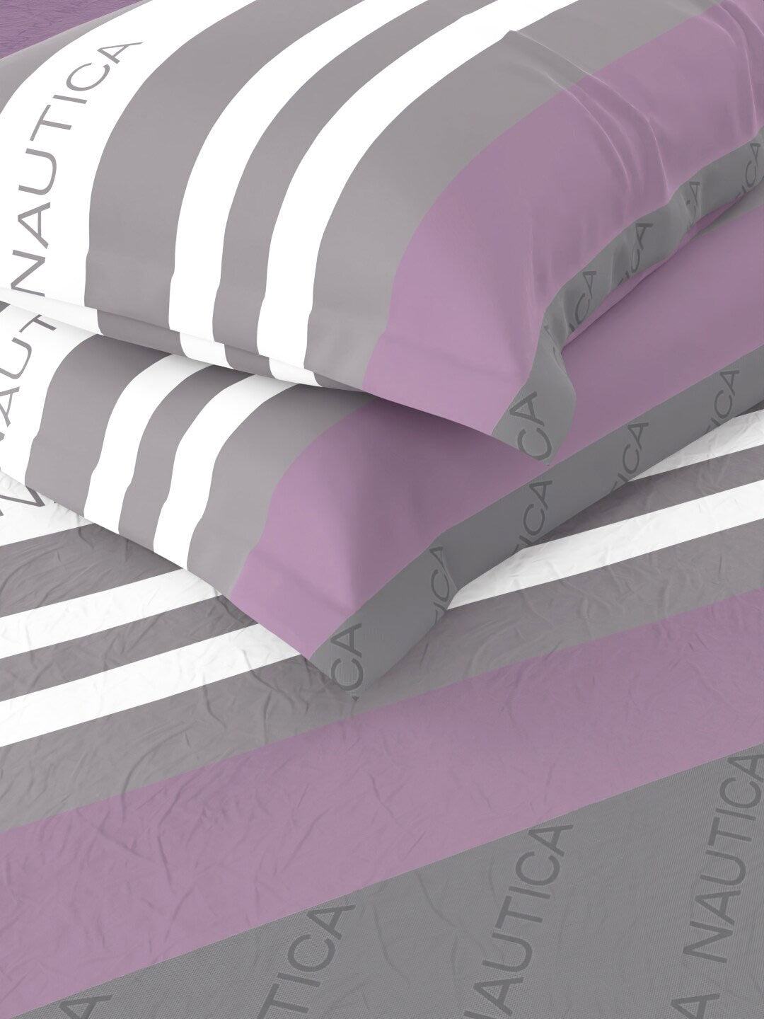 Nautica Bradford Purple & Grey Striped 160 TC Pure Cotton King Bedsheet & 2 Pillow Covers