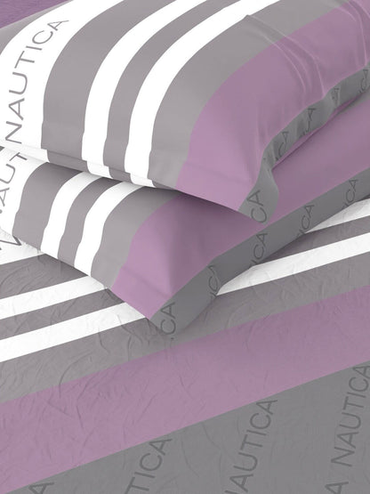 Nautica Bradford Purple & Grey Striped 160 TC Pure Cotton King Bedsheet & 2 Pillow Covers