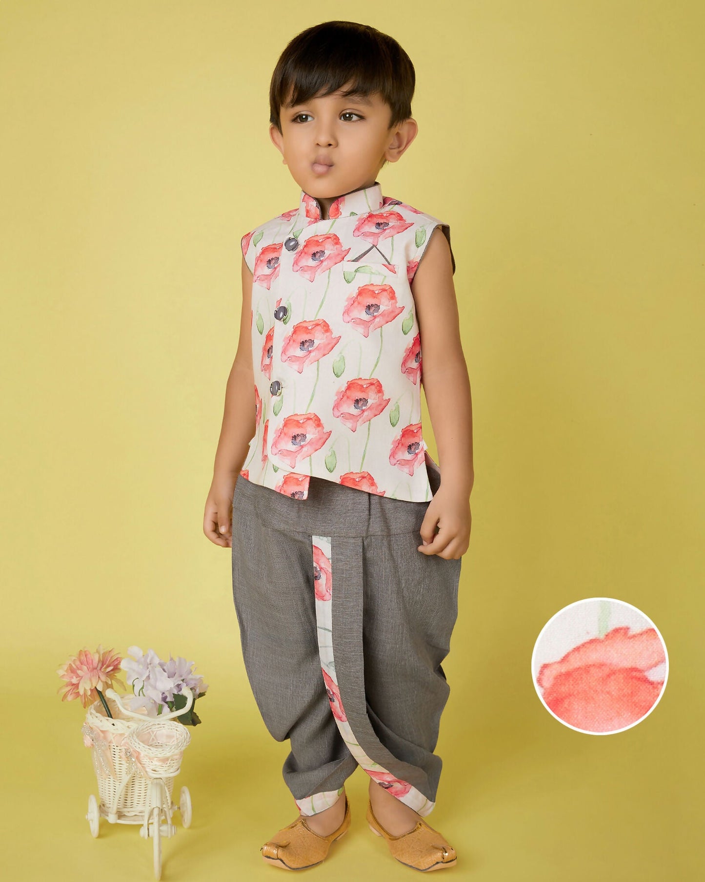 Joban Fashion Kids Island Cotton Sleeveless printed Kurta and Solid Dhoti - Grey