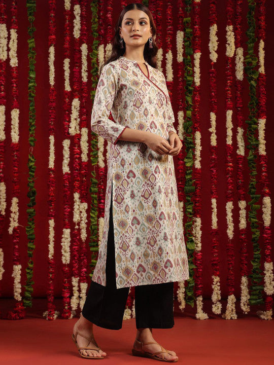 Anayna White & Maroon Ethnic Motifs Printed Mandarin Collar Cotton Straight Kurta