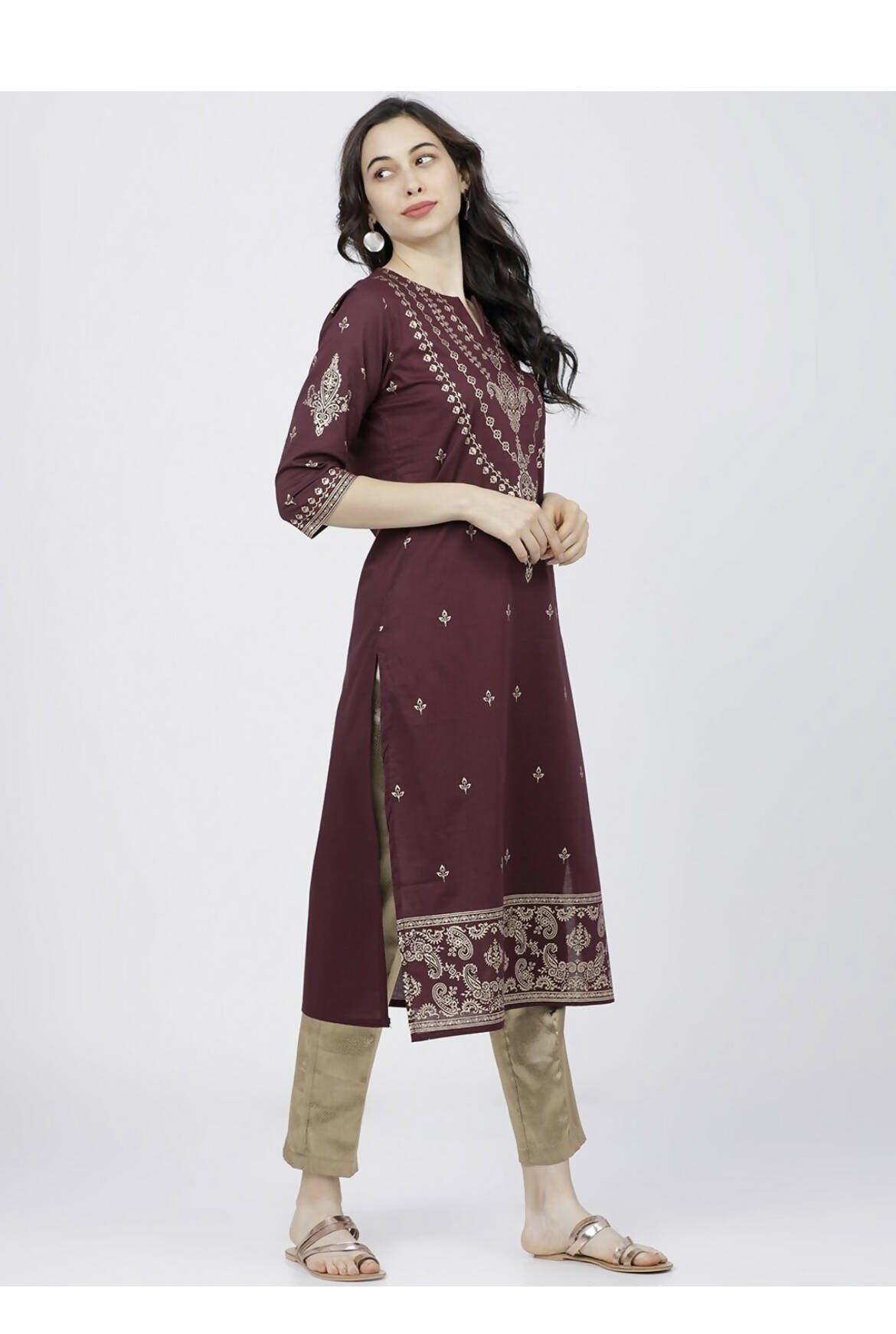 Cheera Embellished Daily Wear Cotton Blend Kurta - Dark Brown