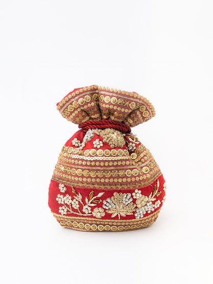 NR By Nidhi Rathi Maroon & Gold-Toned Persia Embroidered Potli Clutch