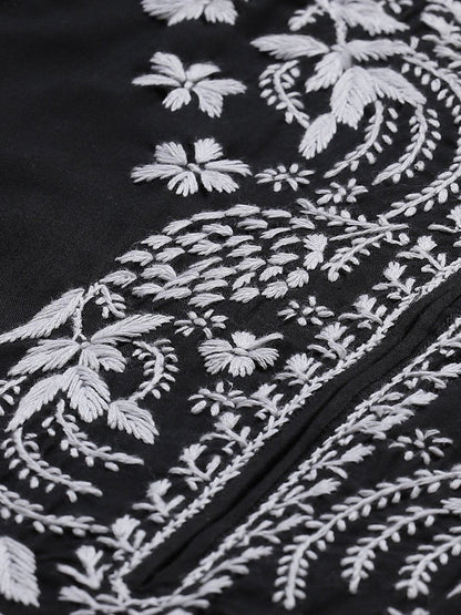 ADA Women Black & White Chikankari Embroidered Straight Sustainable Handloom Kurta