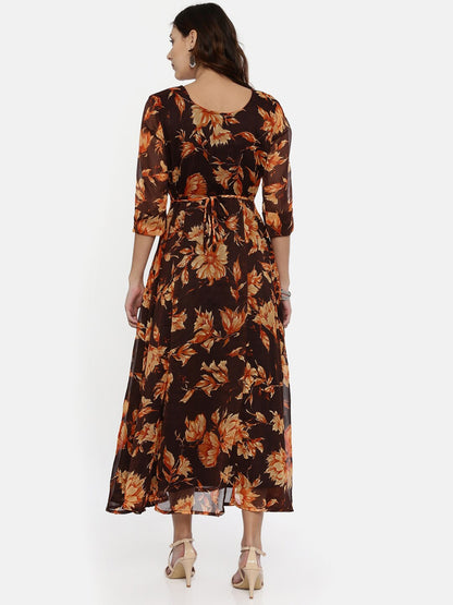 Souchii Brown & Orange Floral Printed Chiffon Maxi Dress