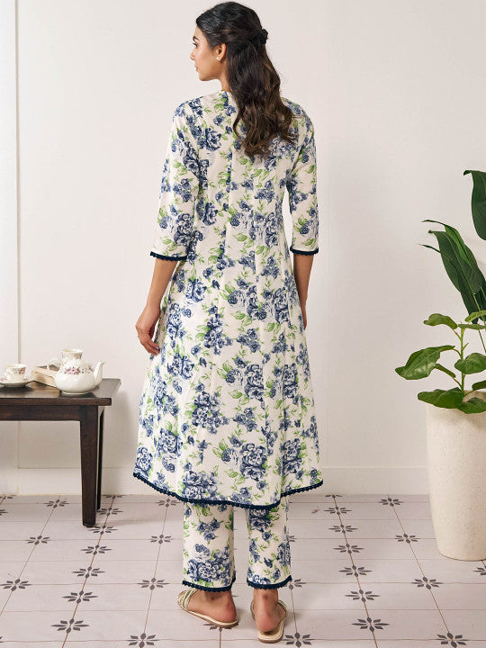 Anayna Floral Printed Panelled V-Neck Pure Cotton Aanarkali Kurta with Trousers & Dupatta