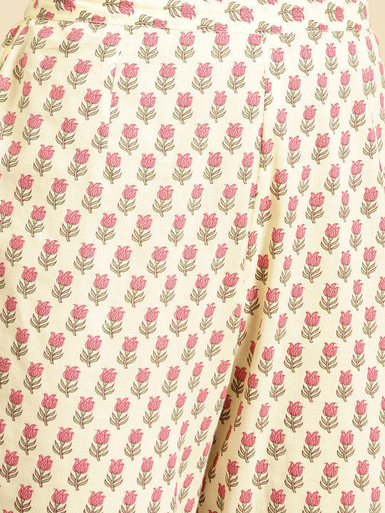 Anayna Women Cream-Coloured & Pink Tiered Printed Kurta with Palazzos