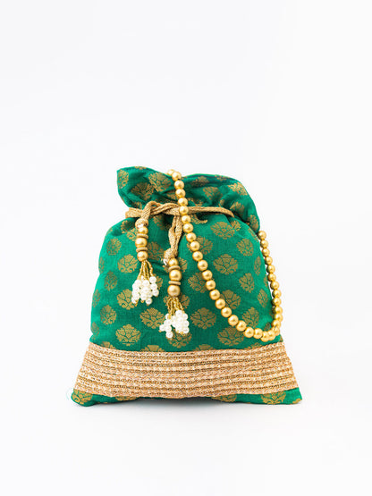 NR By Nidhi Rathi Green & Gold-Toned Banarasi Printed Potli Clutch