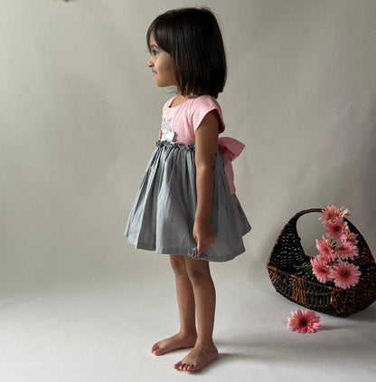 ArthLife Peach And Grey Unicorn Embroidered Dress