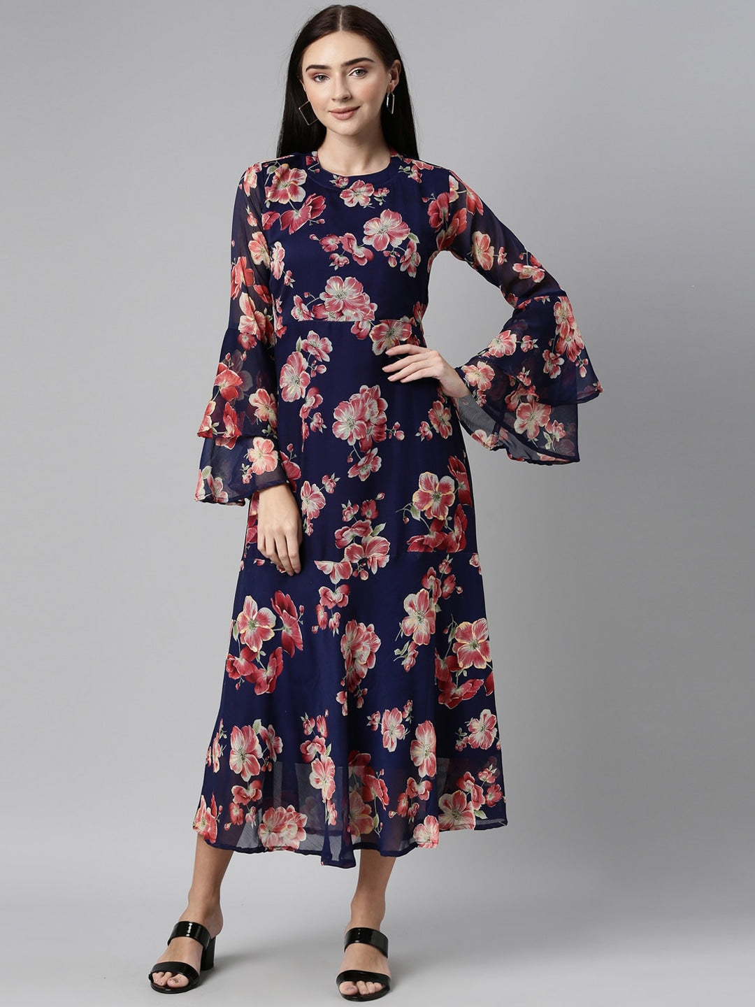 Souchii Navy Blue Floral Chiffon Midi Dress