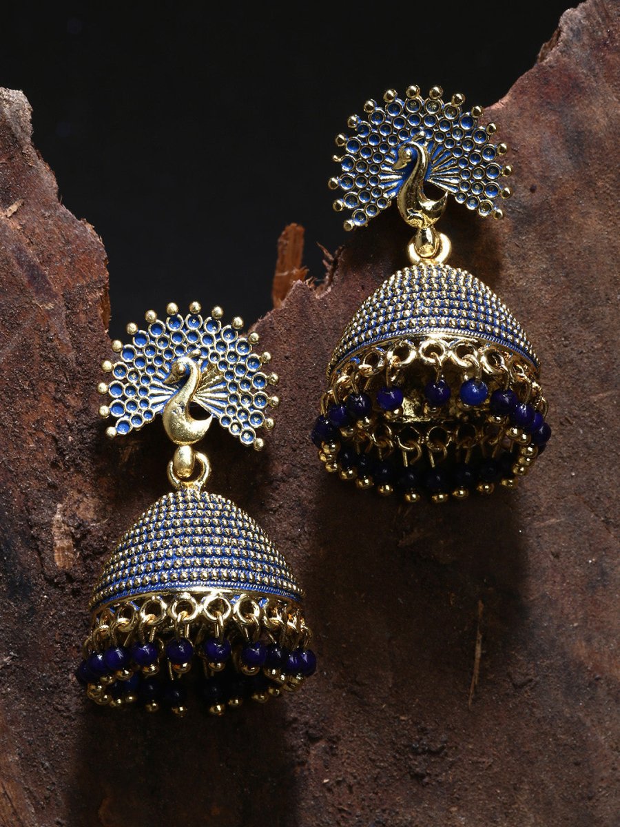 Anikas Creation Gold-Polished & Blue Enamelled Peacock Shaped Jhumkas