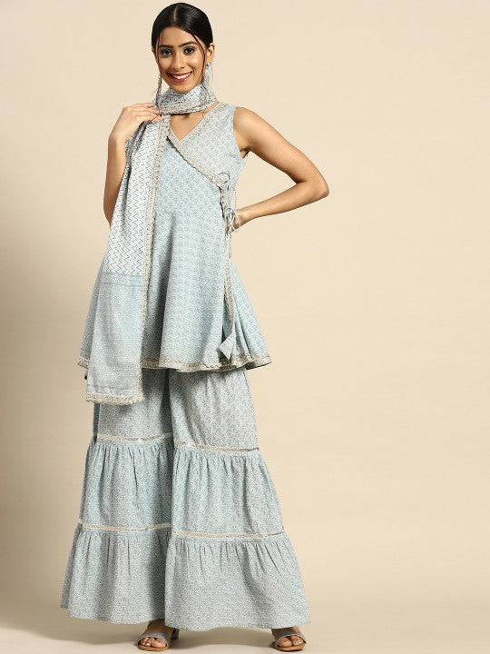Anayna Women Grey & White Floral Printed Angrakha Pure Cotton Kurta with Sharara & Dupatta