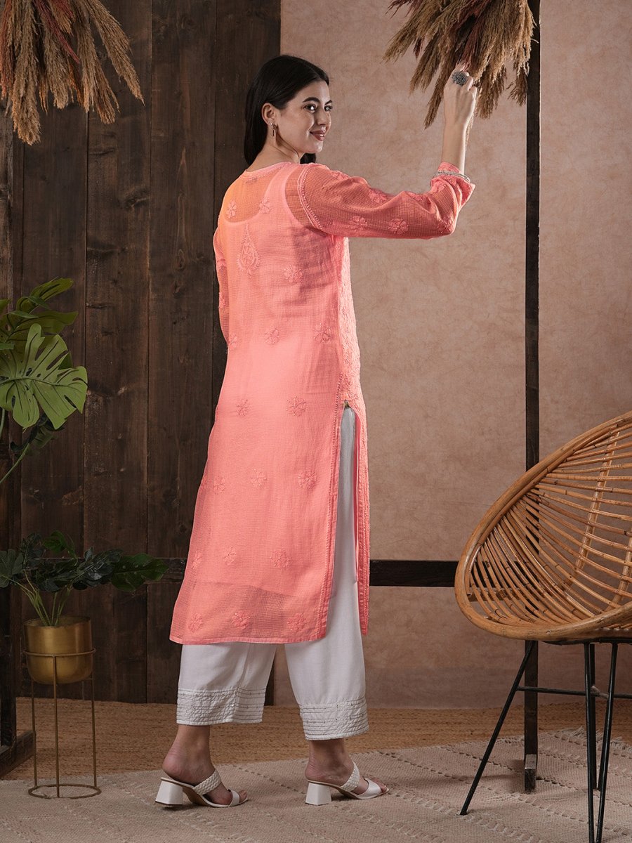 ADA Women Peach-Coloured Chikankari Hand Embroidered Straight Kota Handloom Kurta With Matching Slip