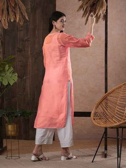 ADA Women Peach-Coloured Chikankari Hand Embroidered Straight Kota Handloom Kurta With Matching Slip