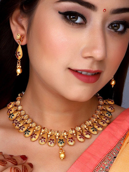 Aadita Gold-Polished Temple Choker Ruby Jewellery Set