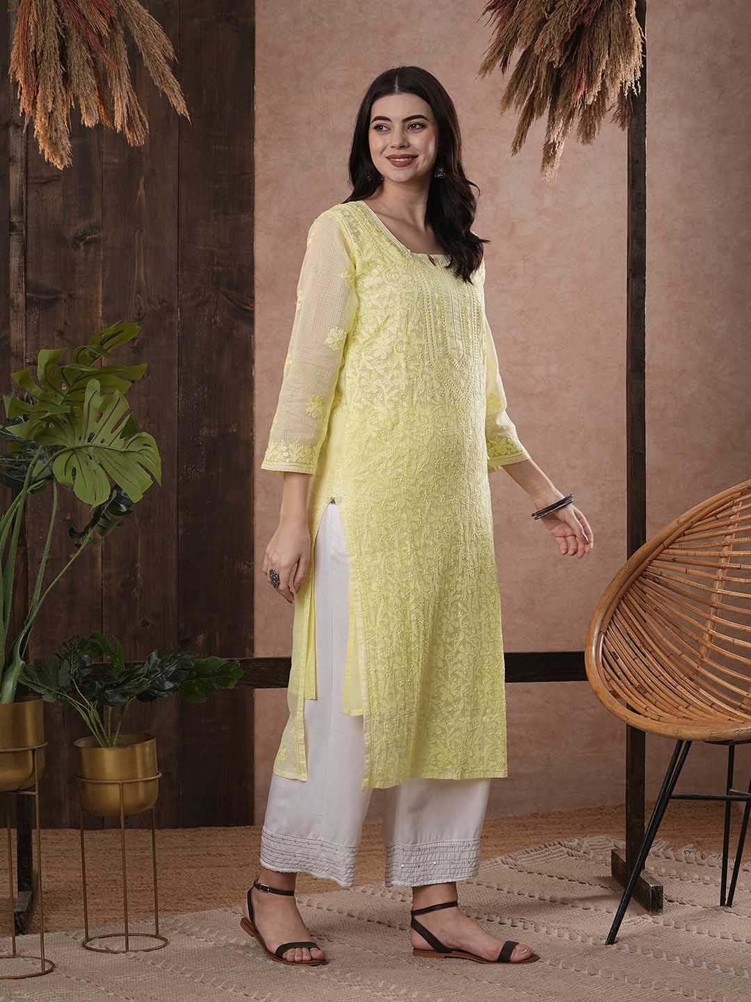 ADA Women Yellow & White Hand Embroidered Chikankari Sustainable Kota Handloom Kurta With Matching Slip