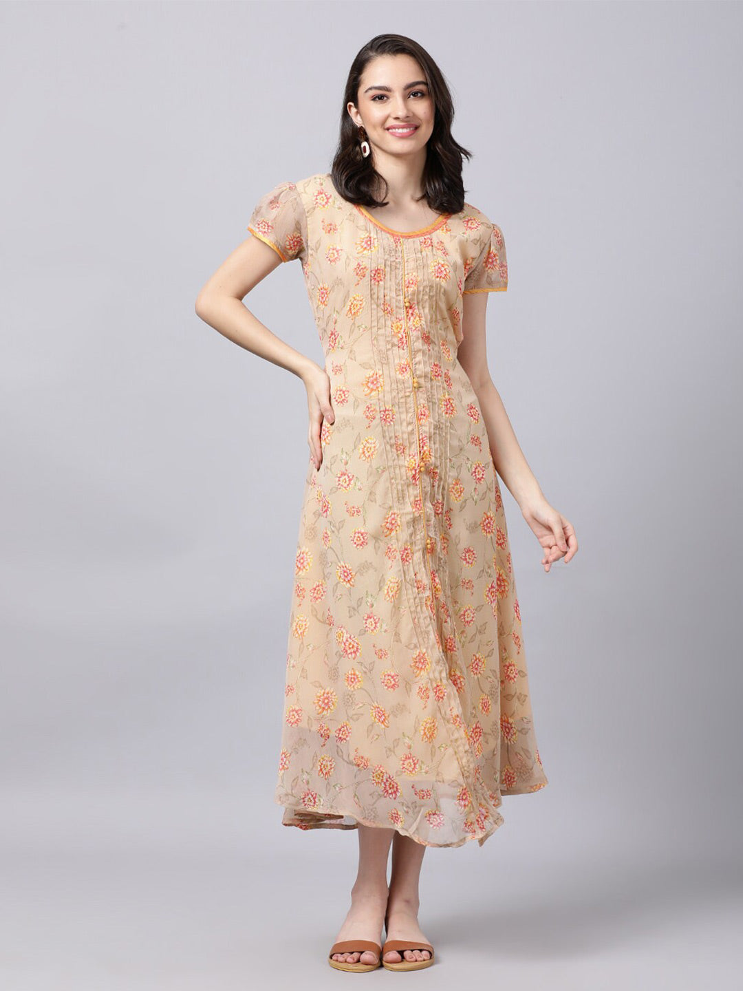 Souchii Women Grey Floral Printed Chiffon A-Line Dress