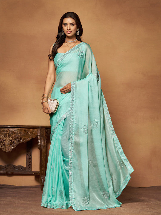Sangria Embellished Beads and Stones Pure Chiffon Saree