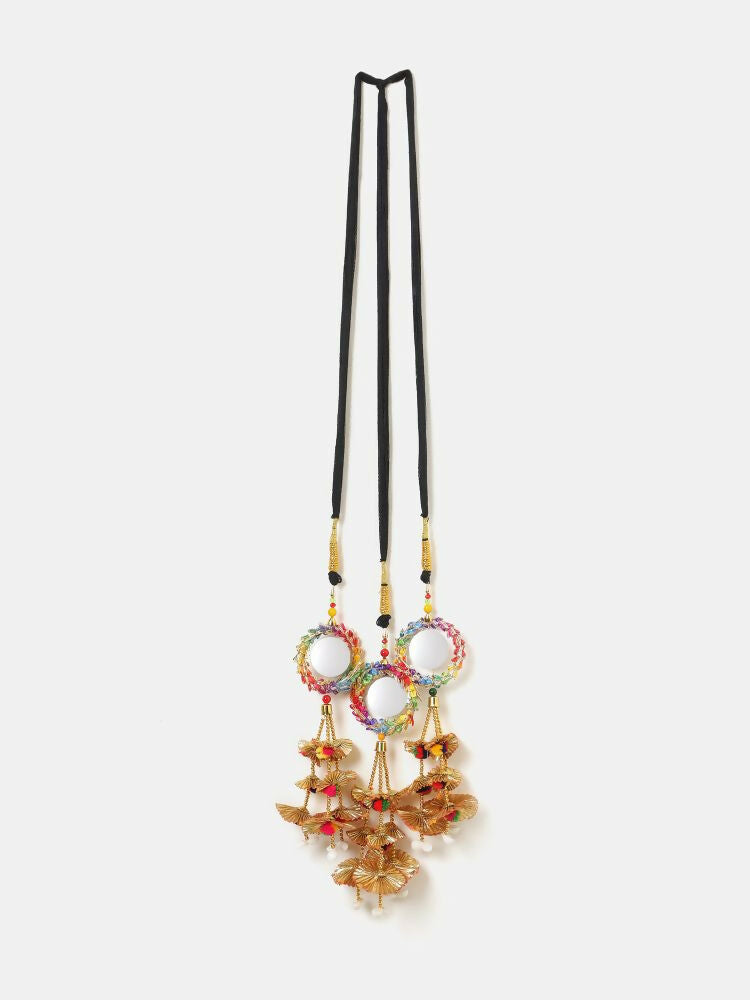 Ruby Raang Gold Gota Pati Work And Colorful Pastel Hues Threads With Shell And Black Thread And Mirror Work