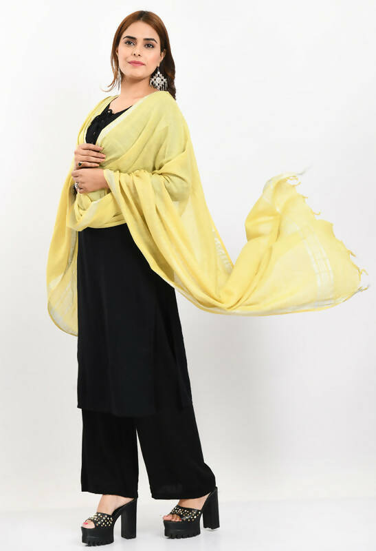 Mominos Fashion Moeza Women's Linen Cotton Silver Border Lemon Yellow Dupatta
