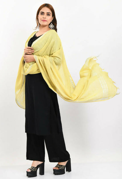 Mominos Fashion Moeza Women's Linen Cotton Silver Border Lemon Yellow Dupatta