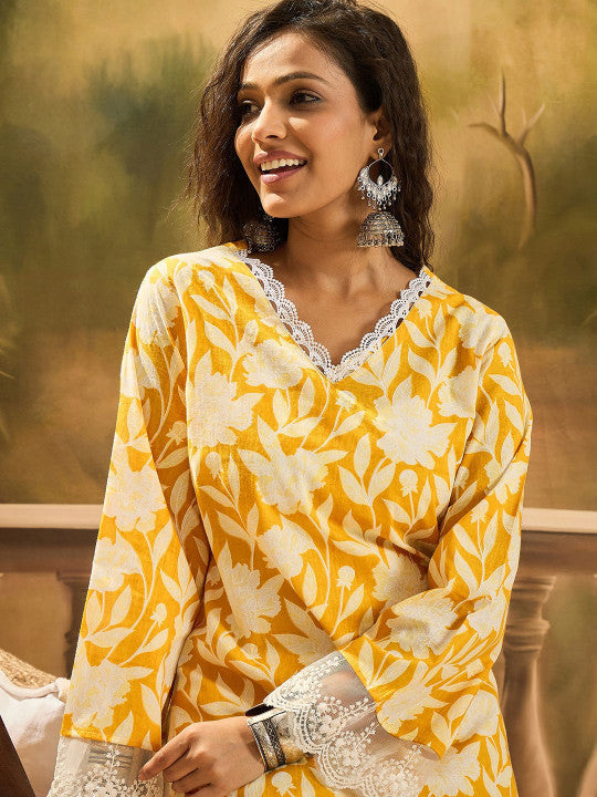 Sangria Floral Printed 100% Cotton Straight Kurta