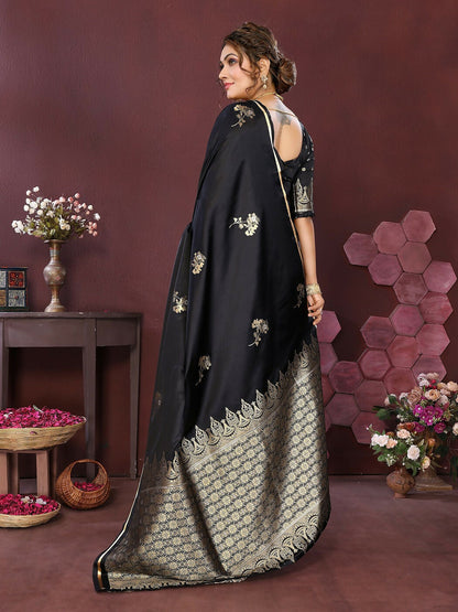 Joban Fashion Black Floral Banarasi Silk Sarees
