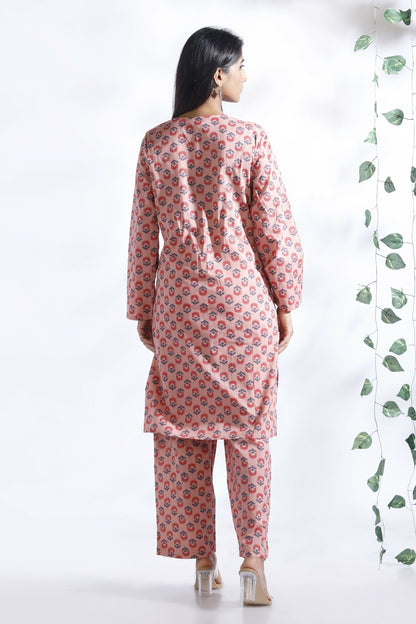 Breathables Women’S Loungewear Long Kurta Co-Ord Set Cotton Pink Indian Motif Butta Print