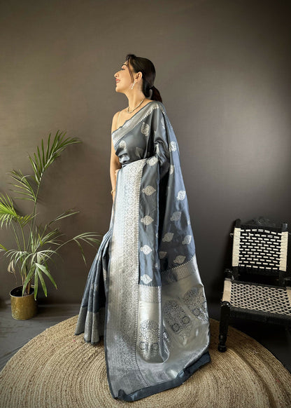 Joban Fashion Grey Floral Motifs Soft Silk Banarasi Saree