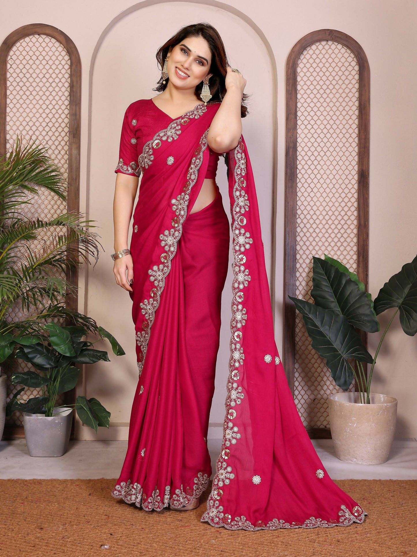 Teeya Creation New Trendy Party Wear Soft Satin Chiffon Saree-Pink