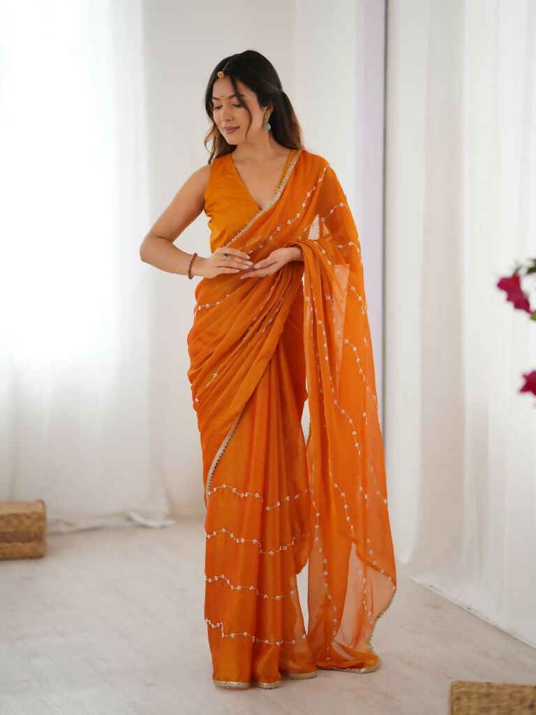 Yellow Sitara Chiffon Designer Beads Moti,Val Sequence Work Saree - Noorie