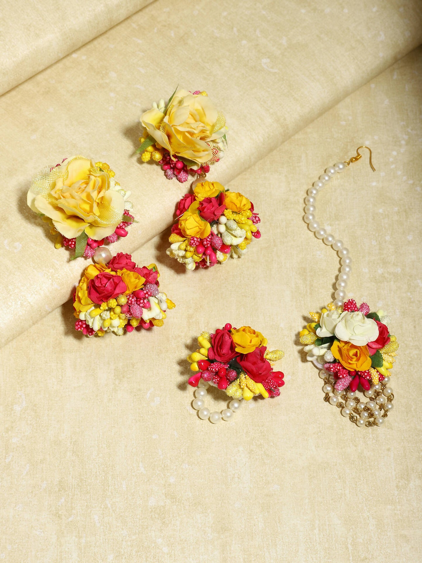 Yellow Pink Beaded Flower Jewellery Set - Ruby Raang