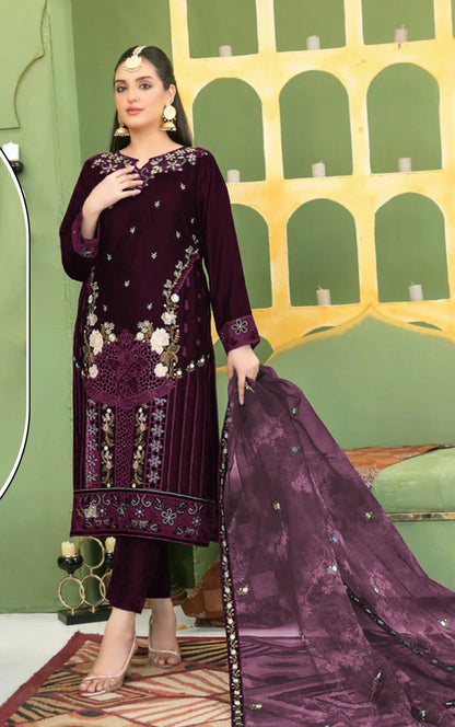 Anaita Purple Velvet Suit with Embroidery Sequence Work