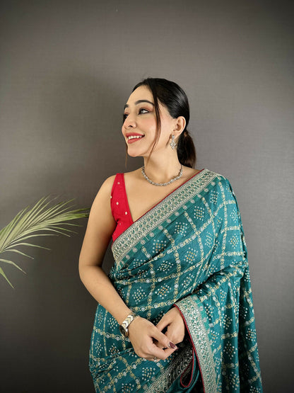 Joban Fashion Emerald Blue Bandhej Bandhani Vichitra Silk Bandhani Prints Saree