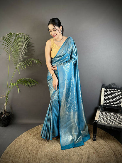 Joban Fashion Aqua Blue Floral & Paisley Motifs Soft Satin Silk Banarasi Saree