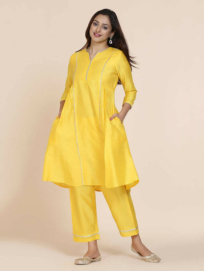 Cheera Women's Yellow Silk Blend With Gota Work Frock Dress With Silk Straight Pant Set